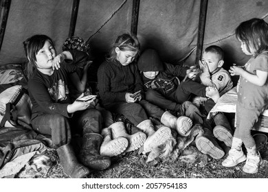 The Yamal Peninsula, The Extreme North. Happy Children Play In A Yurt, Polar Circle, Nadym, Russia - June 27, 2021