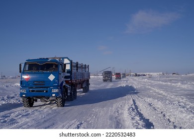 Yamal Peninsula, Yamalo-Nenetskiy Autonomous Region, Russia.
March 30, 2022. 
Far North Of  West Siberia Behind The Polar Circle. 
Tundra Winter Road To New Gas Processing Plant And Magistral Pipeline