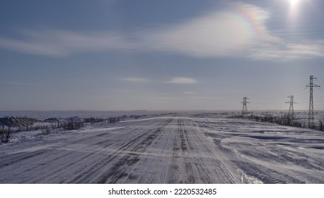 Yamal Peninsula, Yamalo-Nenetskiy Autonomous Region, Russia
March 30, 2022
Far North Of  West Siberia Behind The Polar Circle
Tundra Winter Road To New Gas Processing Plant And Magistral Pipeline