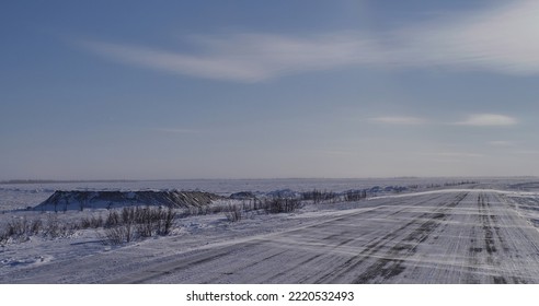 Yamal Peninsula, Yamalo-Nenetskiy Autonomous Region, Russia
March 30, 2022
Far North Of  West Siberia Behind The Polar Circle
Tundra Winter Road To New Gas Processing Plant And Magistral Pipeline