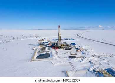 Yamal, RUSSIA-APRIL 01, 2020: Drilling rig at a gas field in the North of Western Siberia