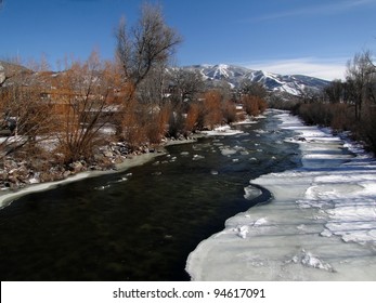 Yampa River With Ice And Cottonwoods In Winter, Steamboat Springs, Colorado