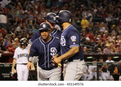 Yangervis Solarte  Homers Three Runs In The Top Of The 6th Inning Will Myers Scores  And Matt Kemp Scores At Chase Field In Phoenix AZ USA 5-27-16.