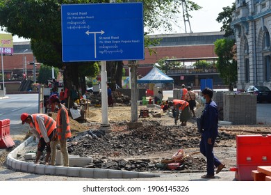 Yangon, Myanmar - 01 31 2021: Sule Pagoda Road Yangon City Downtown Area Public Road Construction