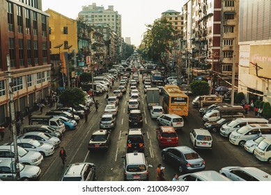 YANGON, MYANMAR (BURMA) - Feb 02, 2019: A Gridlock At Rush Hour On Anawrahta Road In Yangon