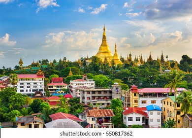 Yangon, Myanmar City Skyline With Shwedagon Pagoda.