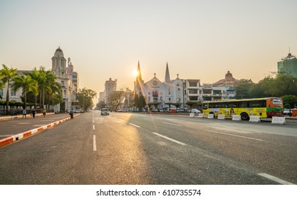 YANGON, MYANMAR - FEB 14, 2017: Facade Of AYA Bank Building At Night In Yangon, Myanmar. AYA Bank Is A Private Bank In Myanmar.