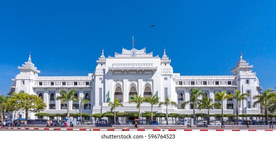 Yangon, Myanmar - February 27,2017: The Withe Palace Of Yangon City Hall Is Centrally Located And It Has Been The Focal Point Of Several Major Political Demonstrations.