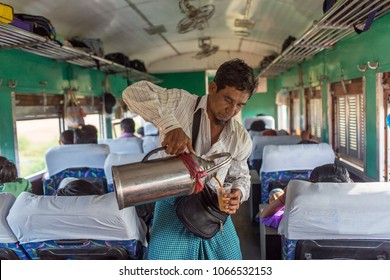 Yangon, Myanmar - October 15, 2016: Unidentified Burmese Man Selling Tea In The Train In Myanmar.