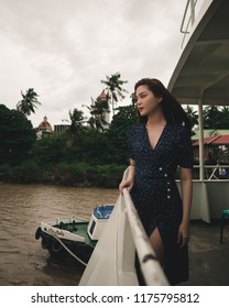 Yangon / Myanmar - September 1 2018: A Burmese Model Crossing A River In Myanmar On A Ship. 