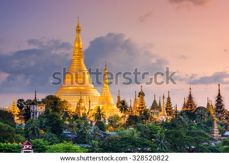Yangon, Myanmar view of Shwedagon Pagoda at dusk.