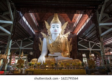 YANGON, MYANMAR-JANUARY 4: Ngahtatgyi Buddha Temple, is a Buddhist temple. A distinct five-tiered pagoda houses the original 20.5 feet high Buddha image on Jan 4, 2020 - Shutterstock ID 1621795564