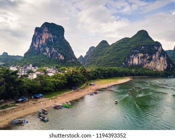 Yangshuo county and Li river in Guilin, China aerial view