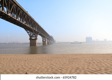 Yangtze River Bridge With Sandy Shore