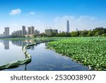 Yangtze River and skyscrapers, Wuhan, China.