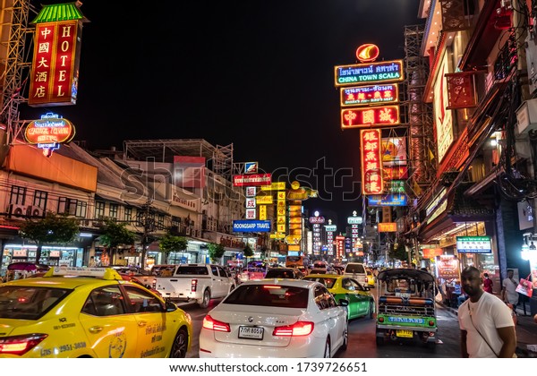 Yaowarat, Bangkok / Thailand - February 11, 2020:\
Traffic jam in Yaowarat Road, tourists are known as China Town or\
Chinatown 