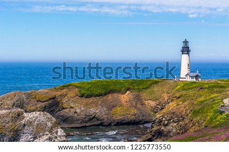 Yaquina Head Lighthouse with meadows, wildflowers, sea cliffs, and the Pacific Ocean photographed on a mostly sunny day in early summer at Yaquina Head Outstanding Natural Area, Newport, Oregon.
