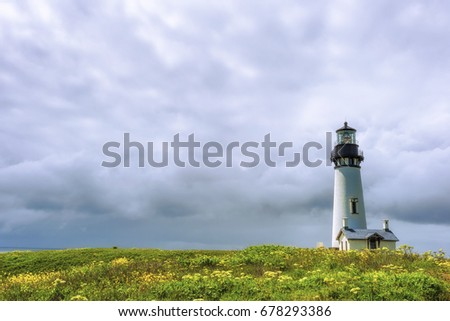 Yaquina Head Lighthouse stands tall under big cloudy skies and a foreground of spring flowers of wild mustard and queen an lace