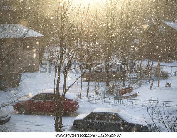 Yard\
with cars during the snow. Snow in the\
sunlight.