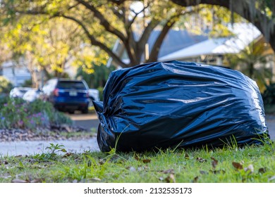 Yard Waste Inside A Trash Bag Waiting For Collection On A City Street