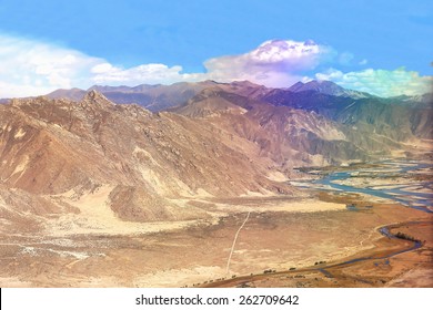 The Yarlung tsangpo-river flowing through the tibetan plateau near Lhasa city-view from plane on flight Kathmandu-Nepal to Lhasa-Tibet. China.