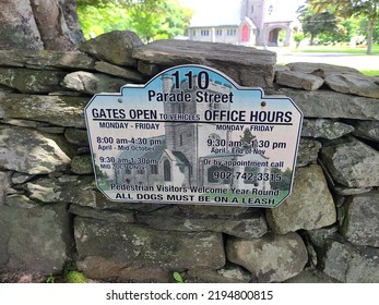 Yarmouth NS, CAN, July 16th, 2022 - A Sign Indicating When Visiting Hours Are To A Church.