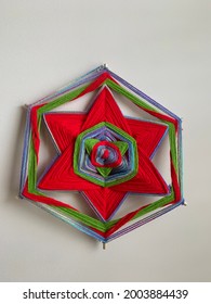 Yarn Mandala For Wall Hanging Made With Multi Color Yarn On Wooden Dowels 