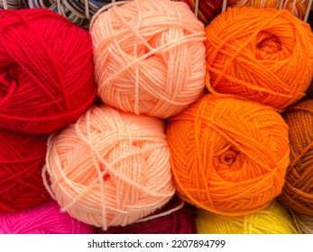 Yarn Store Display Rack Of Colorful Products. Selective Focus. Knitting Yarn, Knitted Clothes Create Coziness.