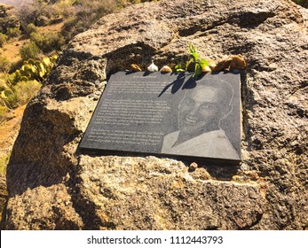 Yarnell, Arizona / USA - April 22, 2018: Plaque attached to a granite rock honoring fallen hotshot hero Jesse James Steed, captain of the Granite Mountain Hotshot firefighters at the Memorial Park