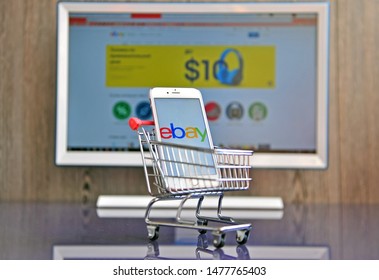 YAROSLAVL, RUSSIA - AUGUST 13, 2019: Mobile phone and computer screen with logo of ebay.