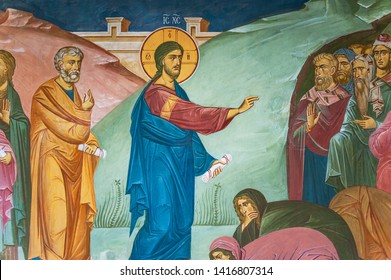 Yaroslavl, Russia - August 21, 2015: Fragment Of The Fresh Restored Mural Painting Of Biblical Scene With Preaching Jesus Christ In Tolga Monastery, Yaroslavl, Russia