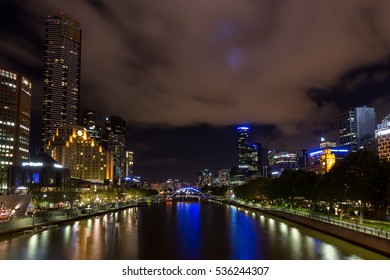 Yarra River And South Bank Nightlife In Melbourne, Australia.