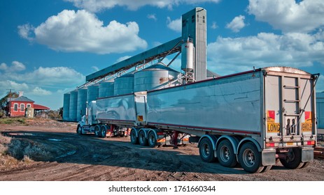 Yarrawonga, Victoria / Australia - June 18 2020: Large B Double truck waiting to load at Yarrawonga Railway Station