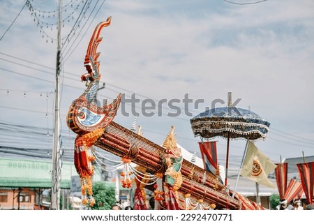 YASOTHON,THAILAND-MAY 14 2022 : Decoration car in Rocket festival (Boon Bang Fai) parade .This festival for agriculture to celebration the raining season. in Yasothon, Isaan, Northeast of Thailand