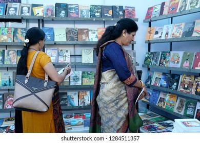 YAVATMAL, MAHARASHTRA, INDIA 12 JANUARY 2019 : Unidentified people visit bookstore for purchase in book exhibition during Marathi Literature conference, Yavatmal, India.
