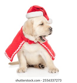 Yawning Golden retriever puppy wearing red christmas hat and red cape looking away on empty space. isolated on white background - Powered by Shutterstock