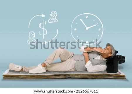A yawning man lies on a stack of dollar money next to images of money circulation and clocks as a symbol of time