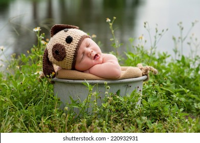 A Yawning Three Month Old Baby Boy Wearing A Crocheted Puppy Dog Hat. He's Sleeping In A Galvanized Steel Bucket That's Placed Outside In A Patch Of Wildflowers Growing Near A Lake.