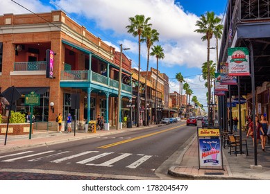 Ybor City, Tampa Bay, Florida. USA - January 11 , 2020 : Famous 7th Avenue in the Historic Ybor City, now designated as a National Historic Landmark District.