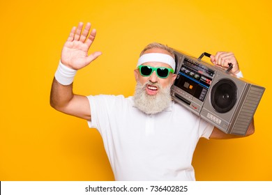 Yeah Bro! What`s Up? Cheerful Excited Aged Funny Sexy Gangster Cool Grandpa Dude In Eyewear With Bass Clipping Ghetto Blaster Recorder. Old School, Swag, Fooling, Gym, Technology, Success, Hip Hop