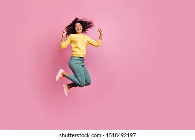 Yeah hooray conquer adversity aspiration concept. Full body photo of emotional cheerful pretty cute dream dreamy rejoicing hipster jumping up having fun time isolated pastel color background