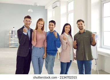 Yeah, We Nailed It. United Team Of Happy Euphoric Young Millennial And Generation Z Business People Satisfied With Great Results Of Their Perfect Teamwork Celebrating Success Together In Their Office