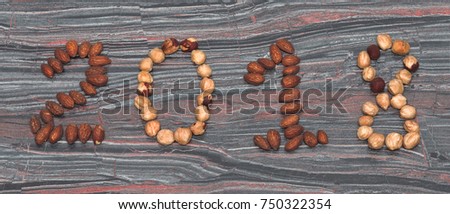 The year 2018 is laid out with nuts. New Year's and Christmas. Christmas Holidays. Figures on a gray background. A few nuts laid out on a gray background.