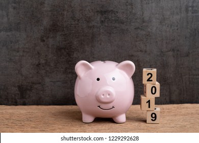 Year 2019 Financial Target, Budget, Investment Or Business Goals Concept, Pink Piggy Bank And Stack Of Cube Wooden Block Building Year Number 2019 On Wood Table With Dark Blackboard Background.