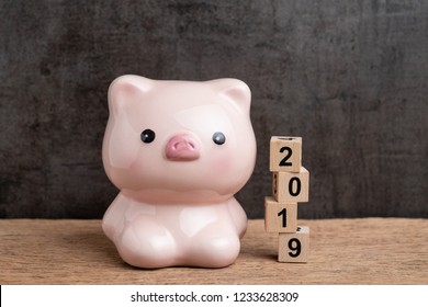 Year 2019 Financial Target, Budget, Investment Or Business Goals Concept, Pink Piggy Bank And Stack Of Cube Wooden Block Building Year Number 2019 On Wood Table With Dark Blackboard Background.