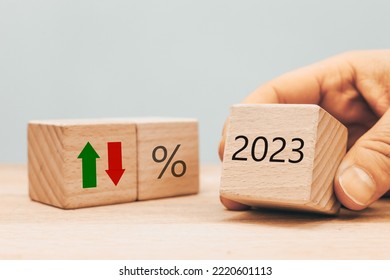 Year 2023 business concept. Economic and financial analysis, interest rates, stocks, bonds, ranking, mortgage, loan rates, Percent, up or down, arrow symbol - Shutterstock ID 2220601113