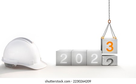 The year 2023 in the concrete cube. The construction crane is lifting the new number 3 to replace the old number 2.