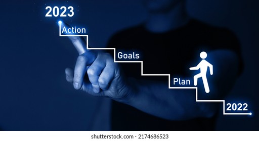 Year 2023 Plan, Action And Goals.Businessman Pointing To The Growing Plan Of Successful Business In 2023 Year And A Figure Climbs The Ladder Of Success.