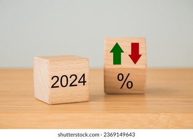 Year 2024 business concept. Economic and financial analysis, interest rates, stocks, bonds, ranking, mortgage, loan rates, Percent, up or down, arrow symbol, close up, copy space