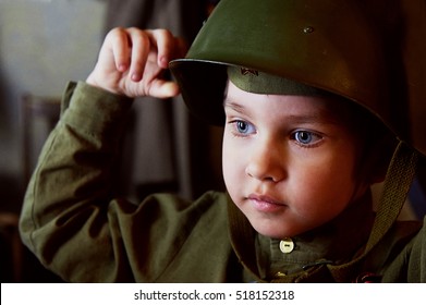 Years Old Boy In The Russian Military Form, Beautiful With Blue Eyes.